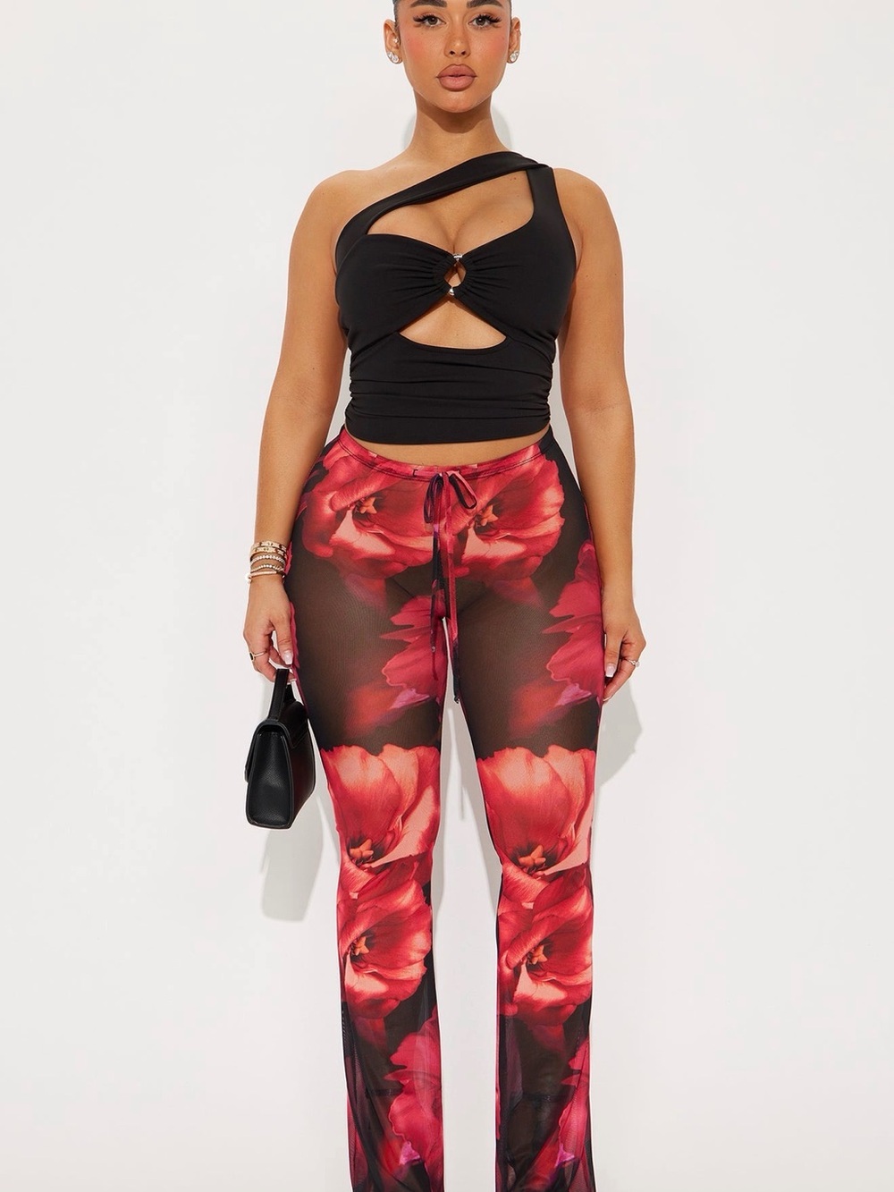 Fashion Nova Red Floral Mesh Boot Cut Pants